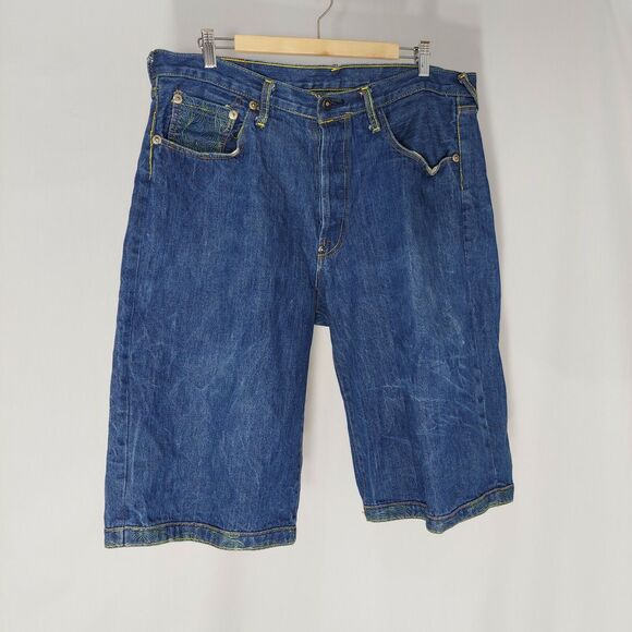 RMC Red Monkey Button Fly Jean Shorts Mens 38 Blue Denim Embroidered Pocket Y2K - Picture 2 of 8